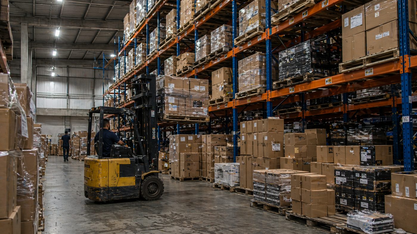 Estoque com dezenas de caixas de equipamentos